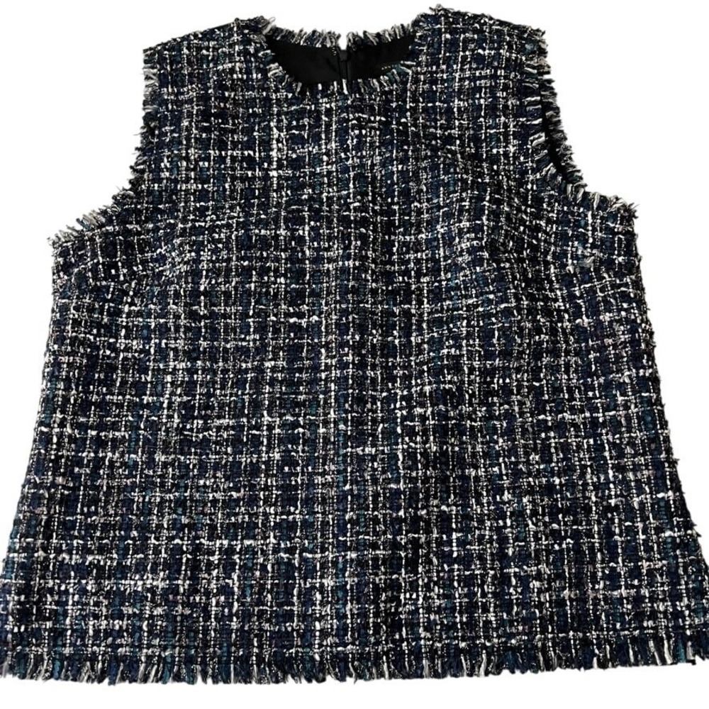 Ann Taylor Tweed Sleeveless Top Womens 14 Blue Fringed Metallic Shell